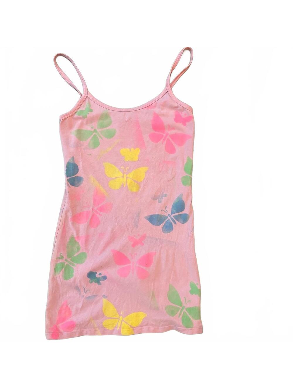 BKE Extra Long Pink Upcycled Butterfly Print Tank Top Medium